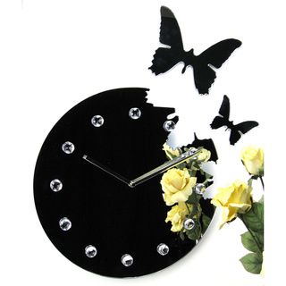 Mirror Butterfly Black Rhinestone Jewels Clock