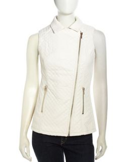 Quilted Faux Leather Zip Vest, Ivory