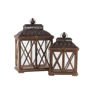 Rustic Antique Finish Wooden Lantern (set Of Two) (14 inches long x 9 inches wide x 20.5 inches high; 11 inches long x 6 inches wide x 16 inches highFor decorative purposes onlyDoes not hold water WoodenSize 14 inches long x 9 inches wide x 20.5 inches h