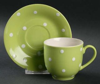 Spode Baking Days Green Flat Cup & Saucer Set, Fine China Dinnerware   Green Rim