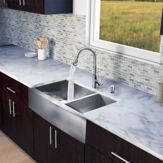 Vigo Industries VG15199 Kitchen Sink Set, All In One 36 Farmhouse Double Bowl Sink amp; Faucet Stainless Steel