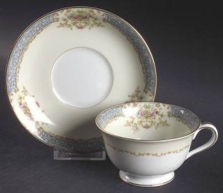 Noritake Chevonia Footed Cup & Saucer Set, Fine China Dinnerware   Blue & Tan Bo