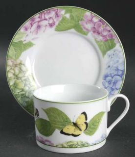 American Atelier Hydrangea (3376) Flat Cup & Saucer Set, Fine China Dinnerware  