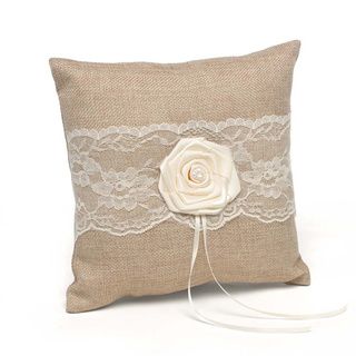 Hortense B. Hewitt Rustic Country Ring Pillow (Tan with ivory satin rosetteDimensions 4 inches high x 8 inches wide x 8 inches long )
