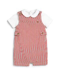 Ralph Lauren Infants Two Piece Seerscuker Shortall & Bodysuit Set   Red