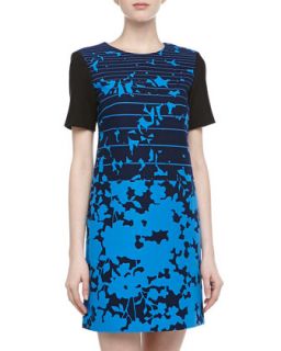 Short Sleeve Striped & Floral Print Dress, Azure