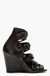 Surface To Air Black Leather Buckle Wedge Sandals