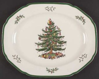 Spode Christmas Tree Green Trim 14 Oval Serving Platter, Fine China Dinnerware