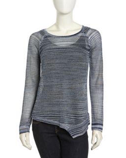 Pullover Asymmetric Waffle Knit Top, Blue Combo