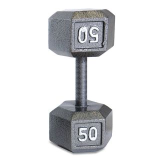 Cap Barbell 50 Lb Gray Semi gloss finished Cast iron Hex Dumbbell (Grey Durable constructionHex shape design to prevent the dumbbell from rolling, as well as provide easier storageSemi gloss finish to help prevent rustingMaterials Cast ironDimensions 14