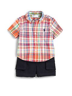 Ralph Lauren Infants Two Piece Plaid Shirt & Shorts Set    Navy