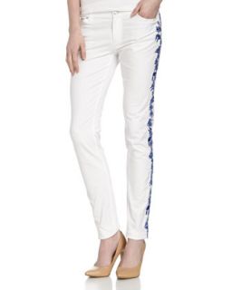 Skinny Jeans with Embroidered Legs, White/Indigo