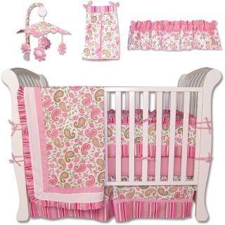 Trend Labs Paisley 7 piece Crib Bedding Set (Pink, sage, moss green, white Thread count 200 Machine washable Set includesCoverlet 35 inches wide x 45 inches long Skirt 27 inches high x 50 inches high Short bumper 28 inches long x 10 inches high Long bum