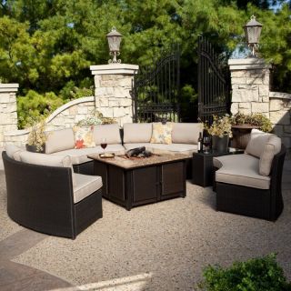 Meridian All Weather Wicker Conversation Set with Granite Fire Pit and