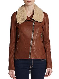 Sarah Shearling Collar Leather Jacket   Nutmeg