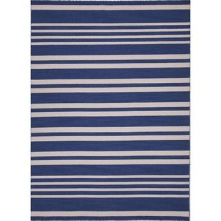 Handmade Flat Weave Stripe Blue Wool Rug (5 X 8)
