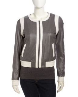 Two Tone Perforated Leather Jacket, Gray/White