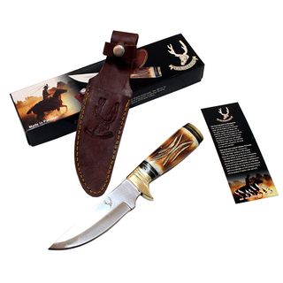 The Bone Edge Series 9.5 inch Hunting Knife (Brown and bone color Blade materials Stainless steel Handle materials Bone handle Blade length 5 inchesHandle length 4.5 inchesWeight 1.5 pounds Dimensions 10 inches long x 6 inches wide x 4 inches high B
