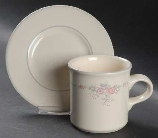 Pfaltzgraff Trousseau Flat Cup & Saucer Set, Fine China Dinnerware   Ivory,Pink&