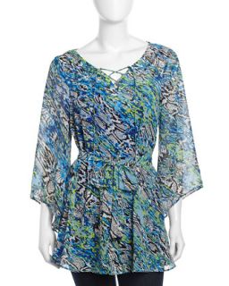 Bell Sleeve Graphic Print Georgette Belted Tunic, Blue