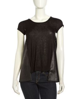 Perforated Contrast Stretch Top, Black