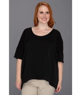 DKNYC Plus Size Elbow Sleeve Drop Shoulder Top w/ Lightweight Satin Front Womens Short Sleeve Pullover (Black)