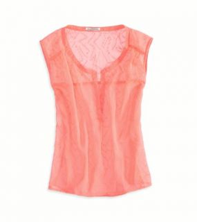 Coral Burst AE Textured Chiffon Sleeveless Shirt, Womens XS