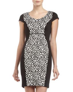 Cap Sleeve Print Inset Dress, Black/White