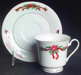 Fairfield Poinsettia & Ribbon Footed Cup & Saucer Set, Fine China Dinnerware   P