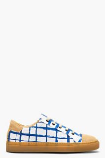 Carven White And Blue Canvas Check Low Top Sneakers
