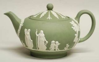 Wedgwood Cream Color On Celadon Jasperware Teapot & Lid, Fine China Dinnerware  