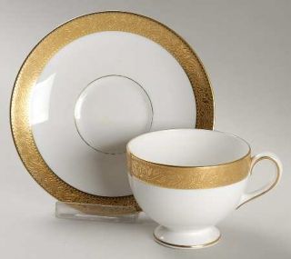 Wedgwood Ascot Leigh Shape Footed Cup & Saucer Set, Fine China Dinnerware   Gold