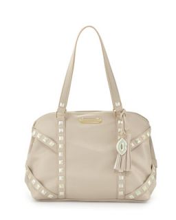 Iridescent Studded Dome Satchel Bag, Cream