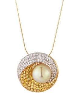 South Sea Pearl & Sapphire Pave Pendant Necklace, Gold/White