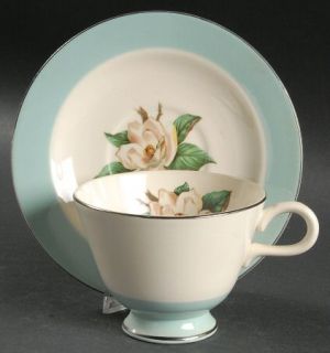Lifetime Ltc12 Footed Cup & Saucer Set, Fine China Dinnerware   Turquoise Rim, W