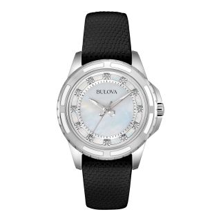 Bulova Womens White Mother of Pearl Black Leather Diamond Accent Watch