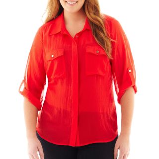 Como Black 3/4 Roll Sleeve Button Front Shirt   Plus, Red