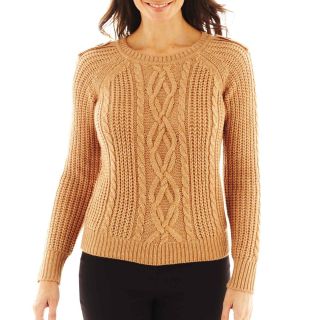 Worthington Tab Shoulder Cable Knit Sweater, Camel Heather, Womens