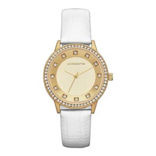 LIZ CLAIBORNE Womens Crystal Accent White Leather Strap Watch