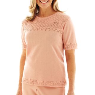 Alfred Dunner Animal Attraction Solid Pointelle Yoke Sweater, Peach, Womens