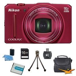 Nikon COOLPIX S9700 16MP HD 1080p 30x Opt Zoom Digital Camera Red Kit