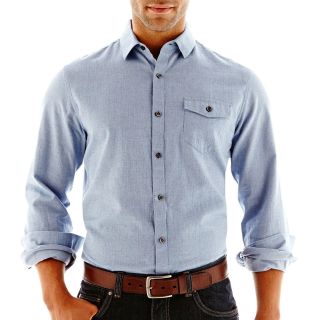 CLAIBORNE Herringbone Patterned Button Front Shirt, True Navy Htr, Mens