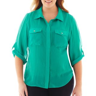 Como Black 3/4 Roll Sleeve Button Front Shirt   Plus, Green