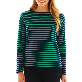 Striped Long Sleeve Boatneck Tee, Green, Womens
