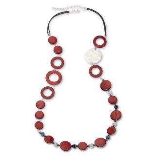 Long Red Tonal Glass & Shell Disc Necklace