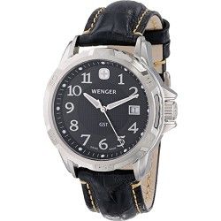 Wenger Mens GST Swiss Watch   Black Dial/Black Leather Strap