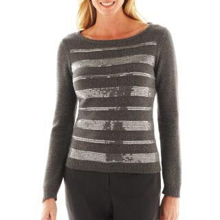 LIZ CLAIBORNE Long Sleeve Sequin Striped Sweater, Gray, Womens