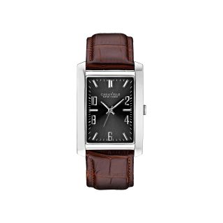 Caravelle New York Mens Gray Rectangle Dial with Brown Leather Strap Watch