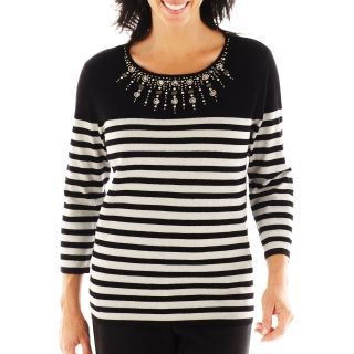 Alfred Dunner On the Red Carpet Striped Beaded Yoke Sweater, Black, Womens