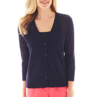 LIZ CLAIBORNE 3/4 Sleeve Sheer Cardigan Sweater, Navy, Womens